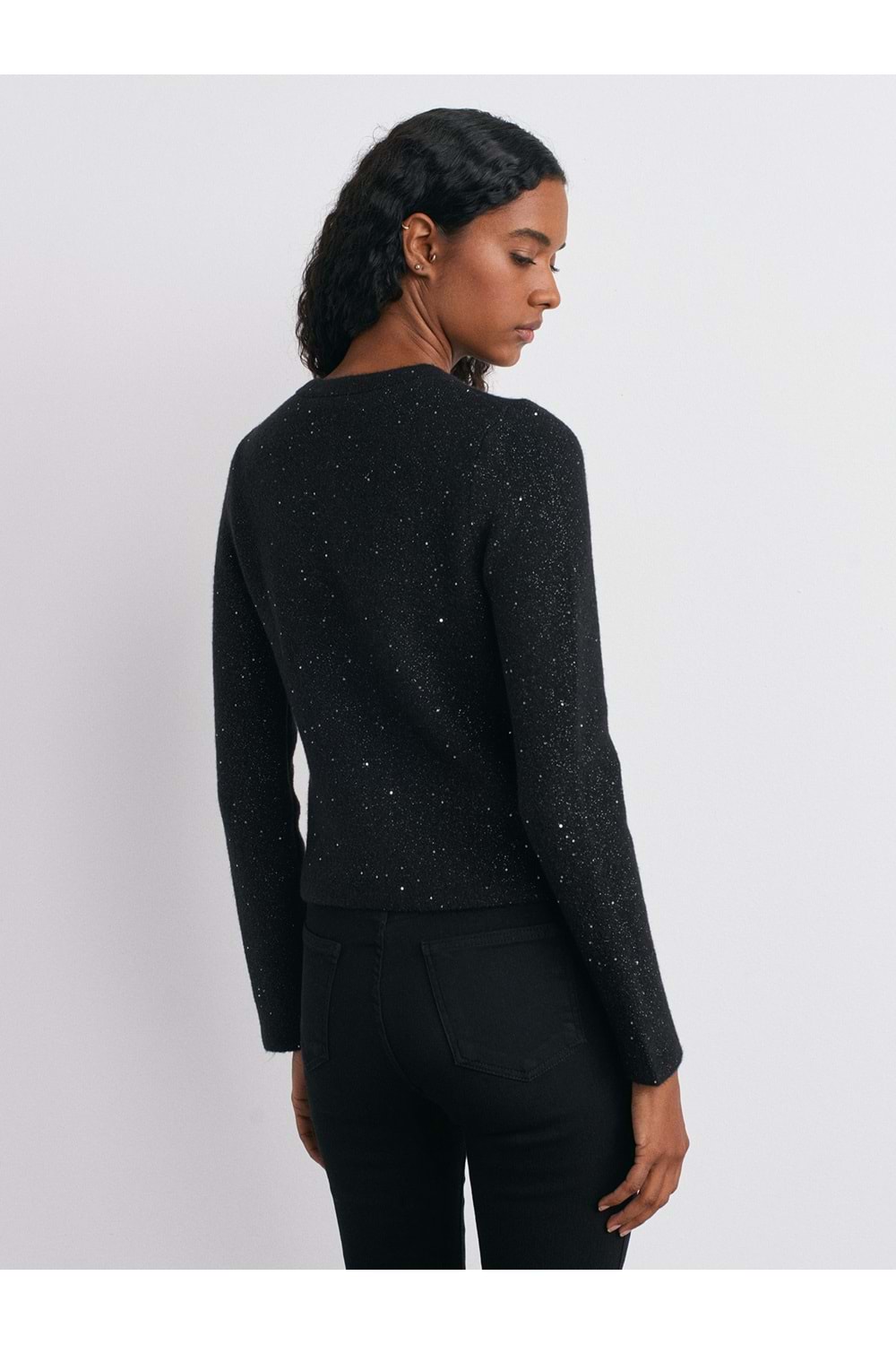 Bisiklet Yaka Pullu Simli Düğmeli Triko Hırka 60935 - Siyah - TEK BEDEN