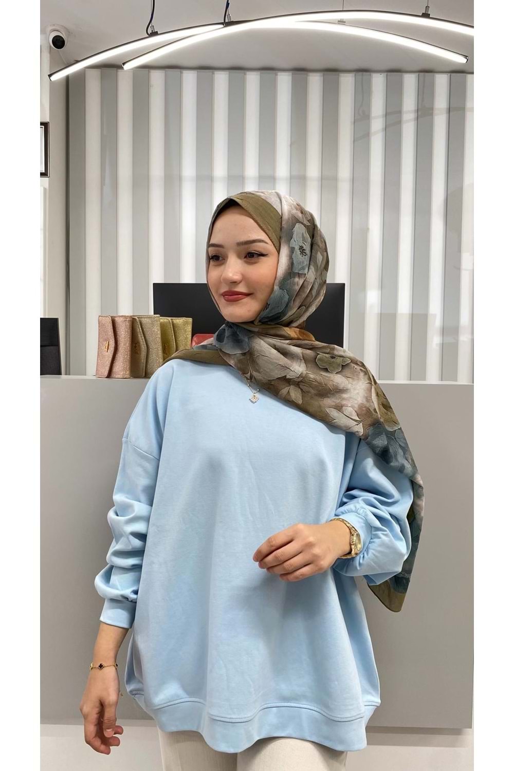 Bisiklet Yaka Salaş Sweat 26172 - Mavi - TEK BEDEN