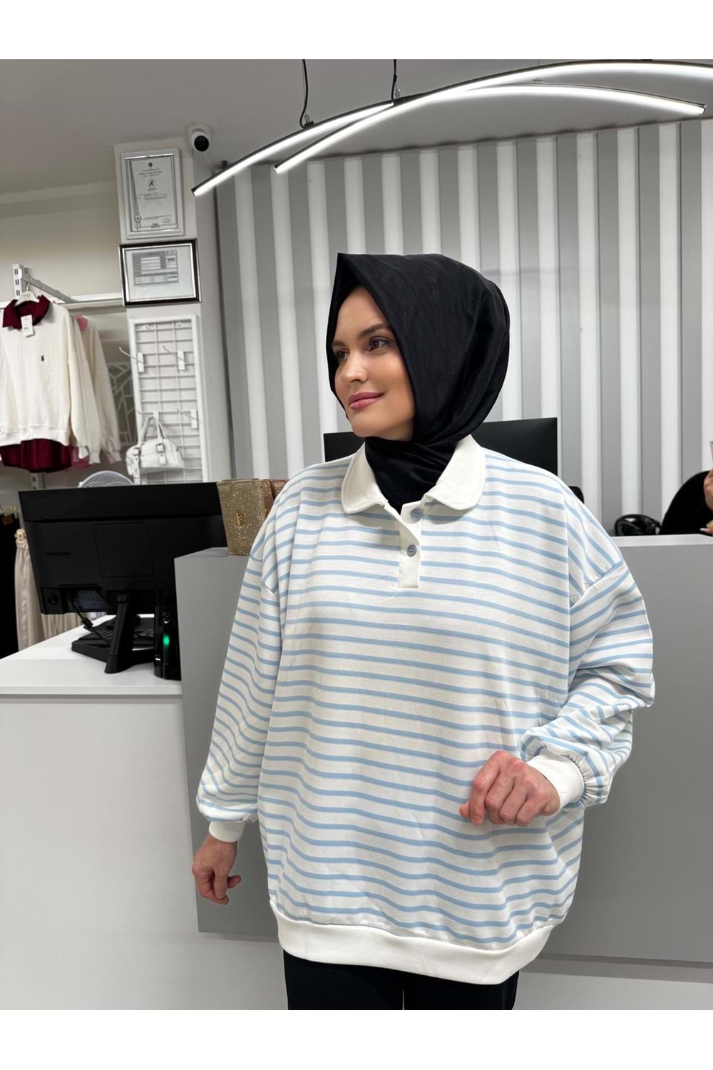 Çizgili Sweat 26178 - Mavi - TEK BEDEN