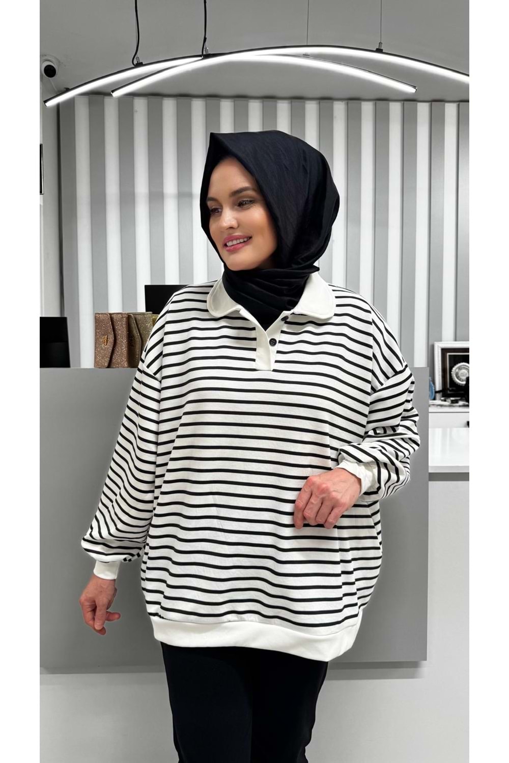 Çizgili Sweat 26178 - Siyah - TEK BEDEN