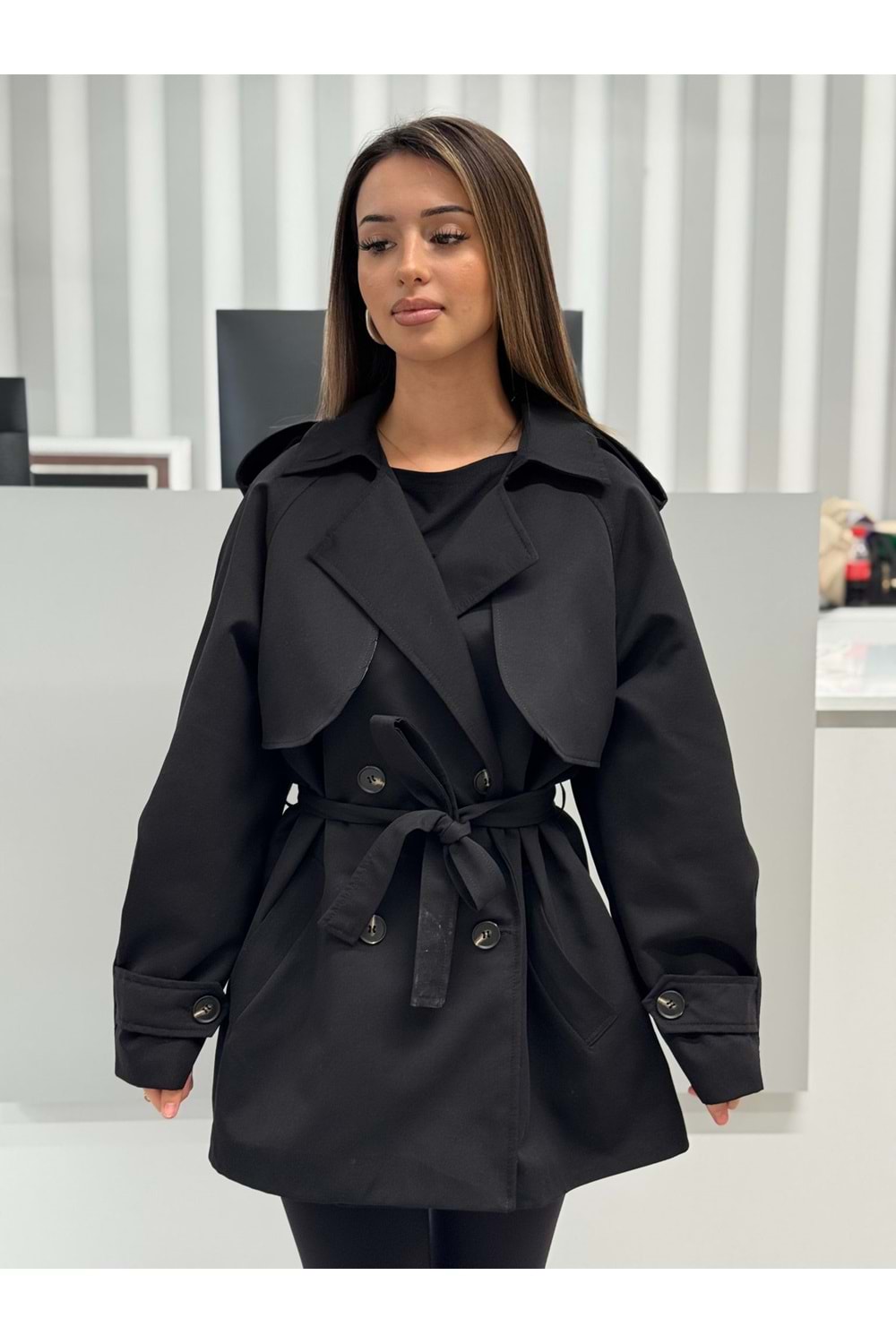 Yarım Boy Trenç 0778 - Siyah - L