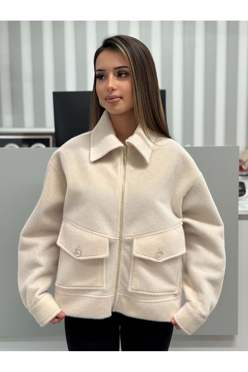 Verev Kesikli Fermuarlı Shacket 3714 - Bej - M-L - AZRA06841-55477
