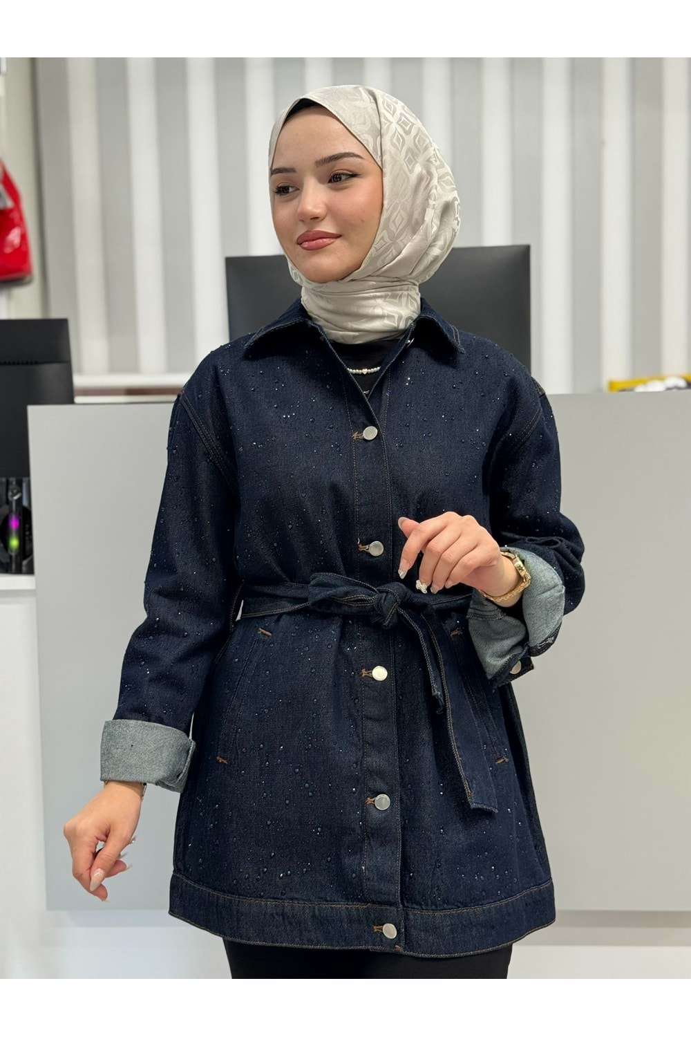 Taşlı Denim Ceket 35971 - Lacivert - L - AZRA06844-55493