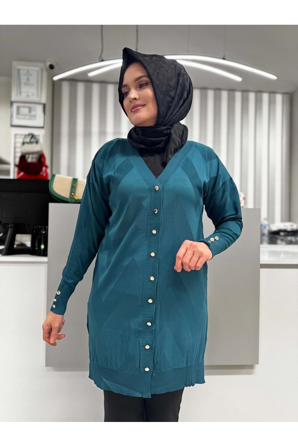 Zikzak Desenli Merserize Hırka 1420 - Petrol Mavi - TEK BEDEN