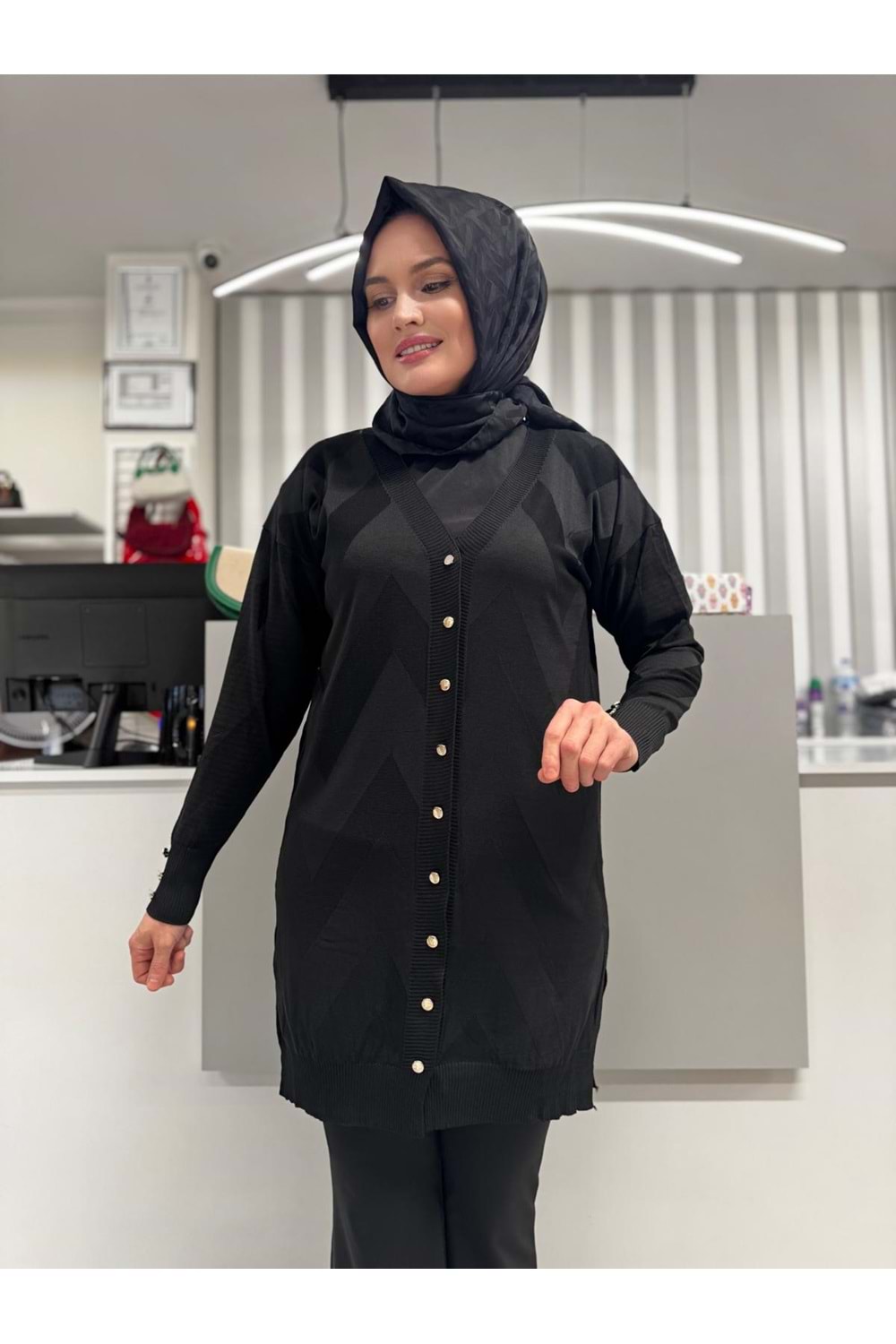 Zikzak Desenli Merserize Hırka 1420 - Siyah - TEK BEDEN