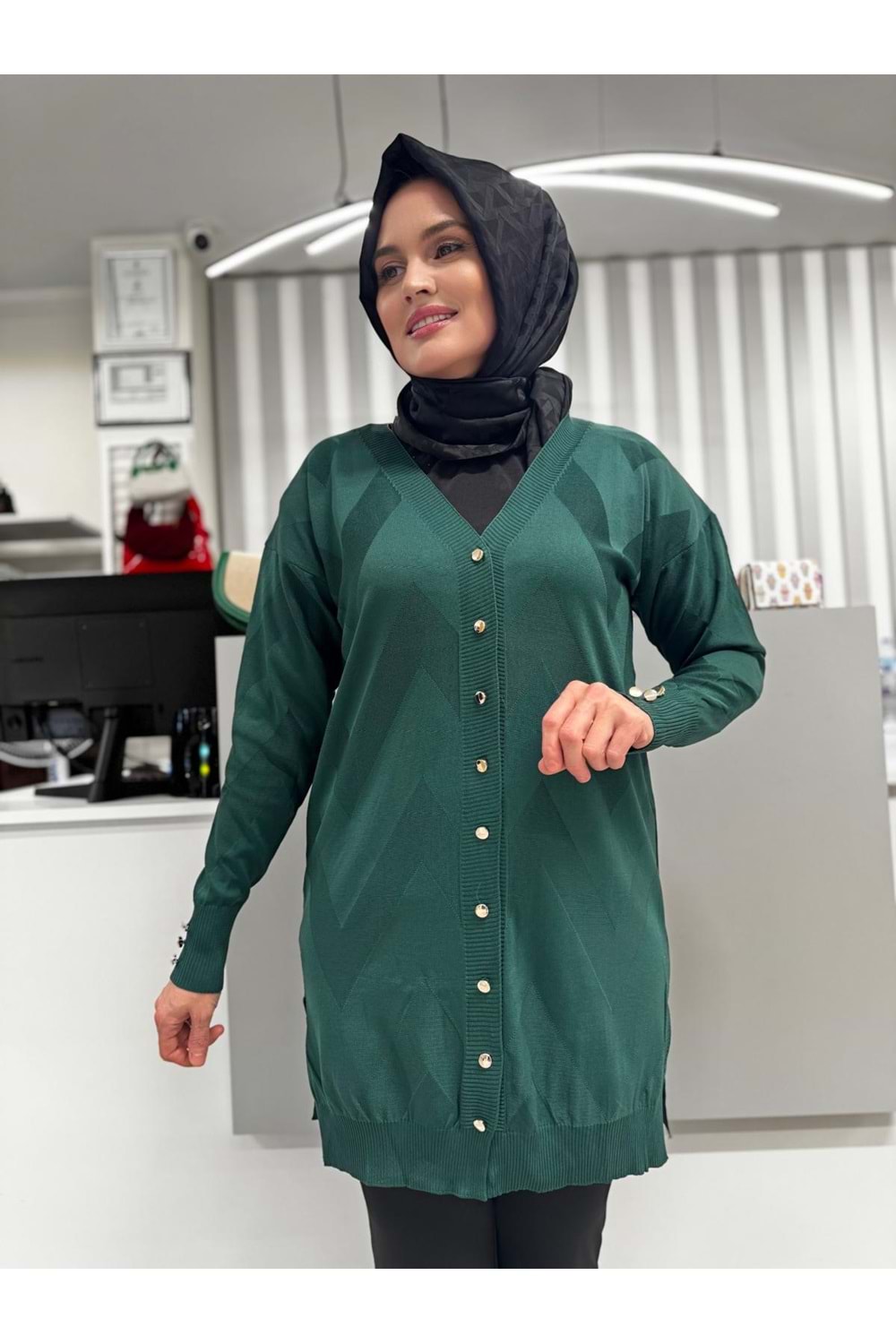 Zikzak Desenli Merserize Hırka 1420 - Zümrüt Yeşili - TEK BEDEN