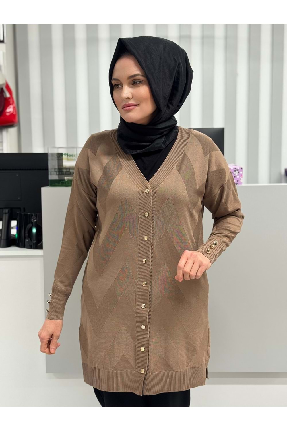 Zikzak Desenli Merserize Hırka 1420 - Sütlü Kahve - TEK BEDEN - AZRA06900-56087