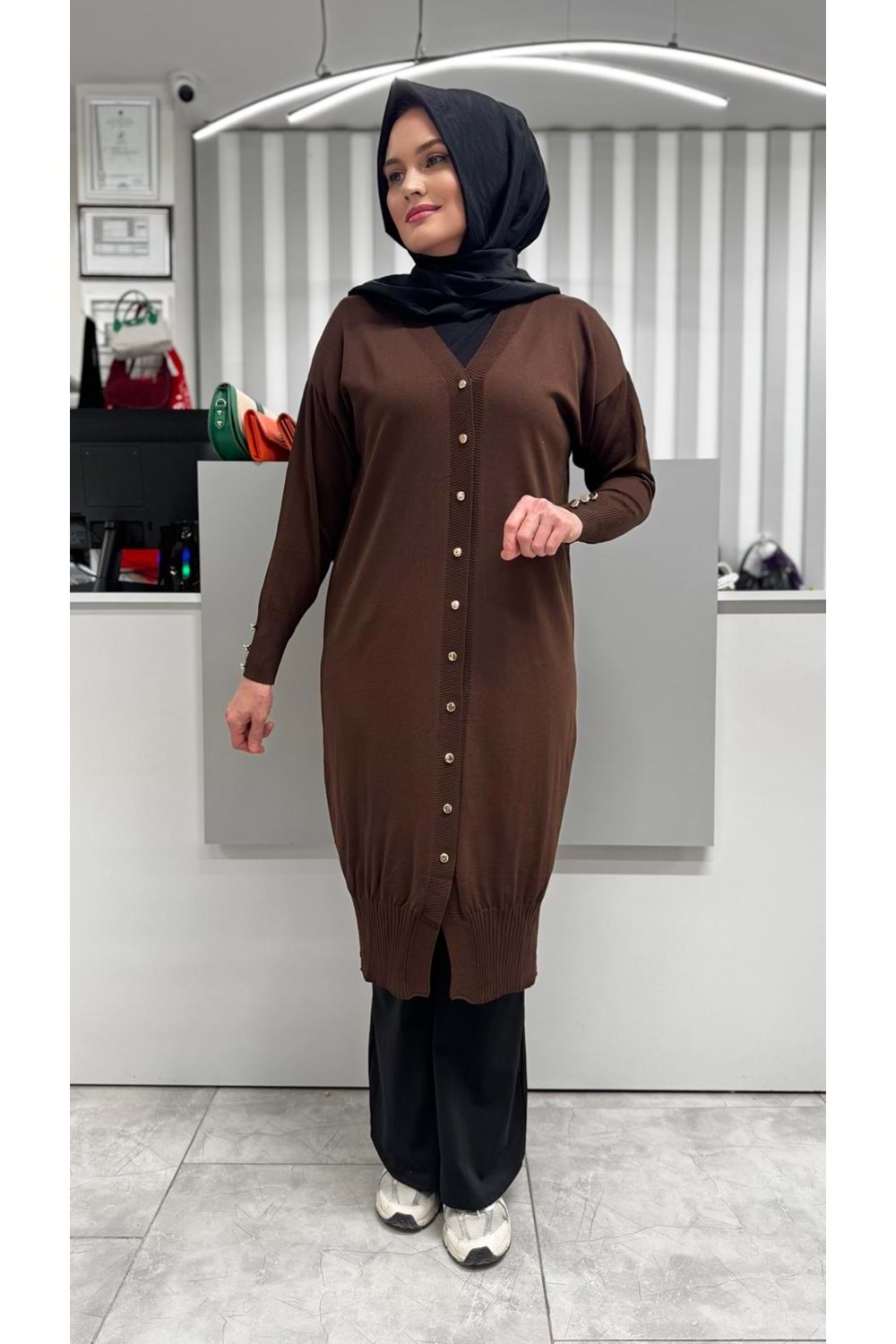 Uzun Düz Merserize Hırka 3250 - Acı Kahve - TEK BEDEN