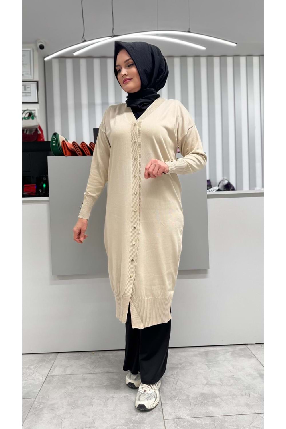 Uzun Düz Merserize Hırka 3250 - Bej - TEK BEDEN