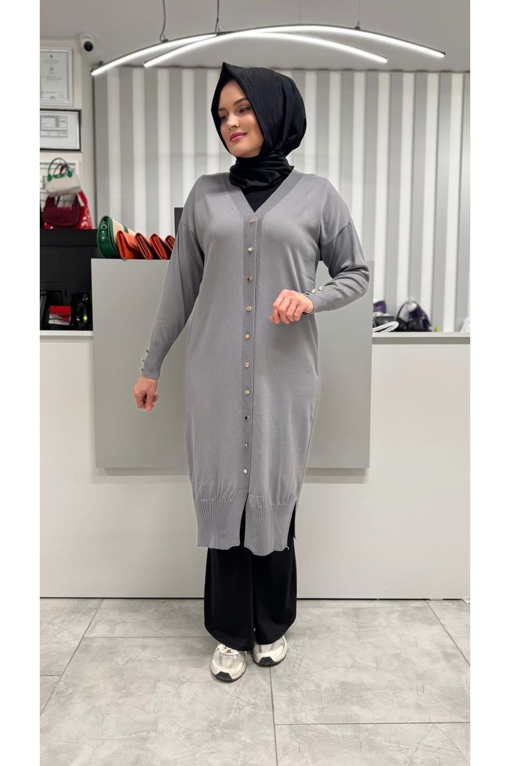 Uzun Düz Merserize Hırka 3250 - Gri - TEK BEDEN