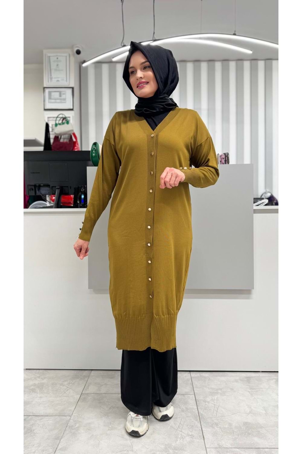 Uzun Düz Merserize Hırka 3250 - Yağ Yeşili - TEK BEDEN