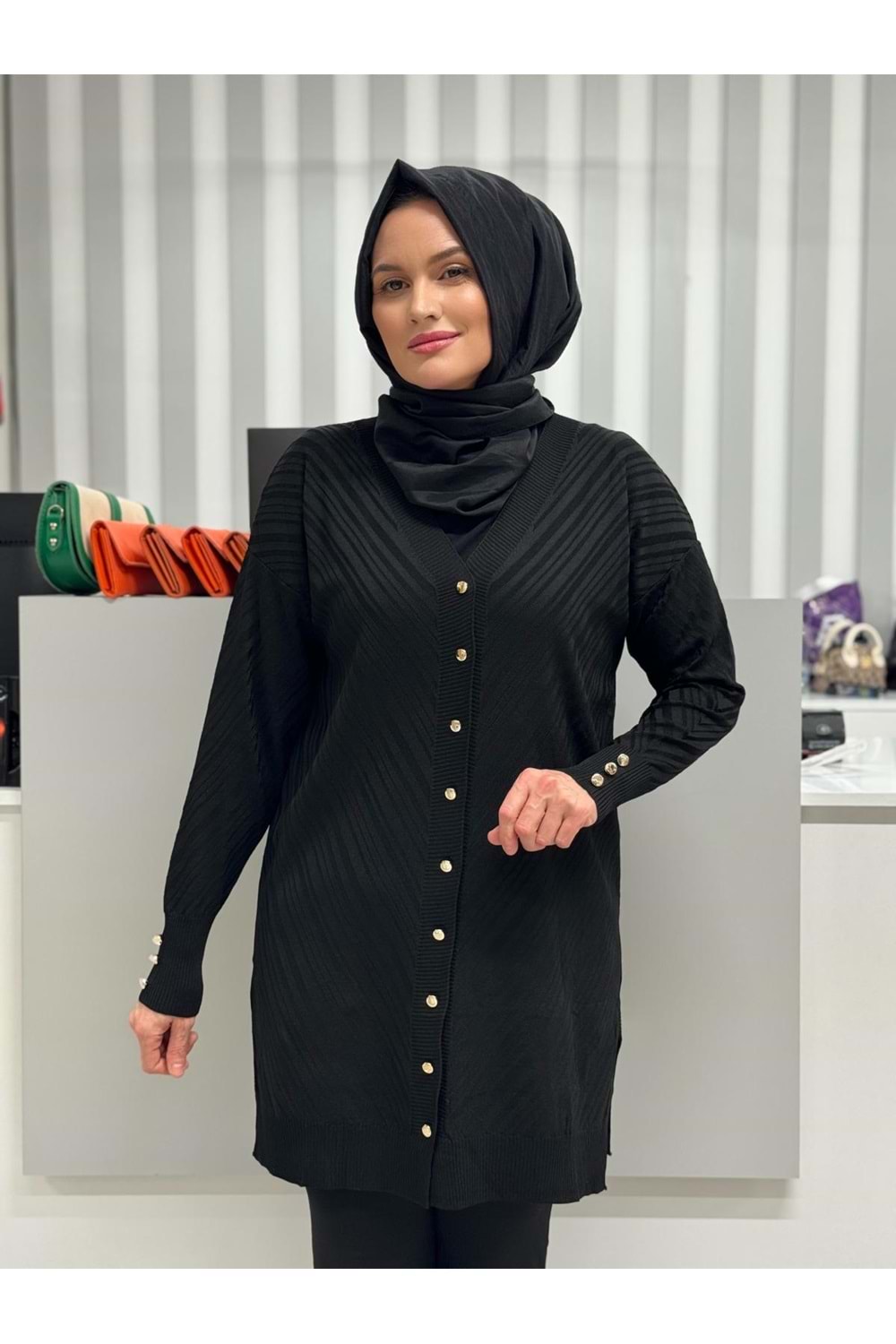 Çapraz Desenli Merserize Hırka 3198 - Siyah - TEK BEDEN