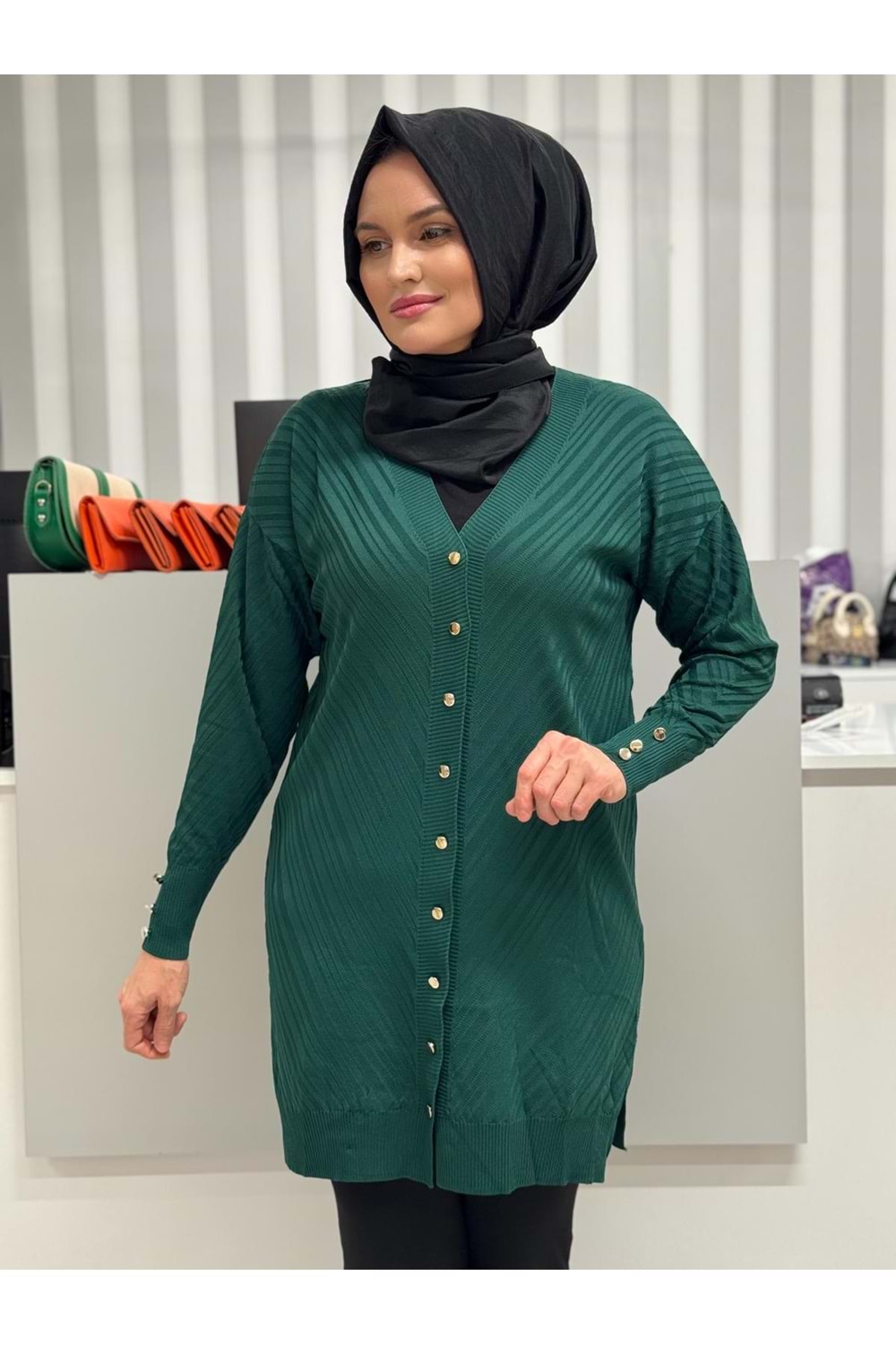 Çapraz Desenli Merserize Hırka 3198 - Zümrüt Yeşili - TEK BEDEN