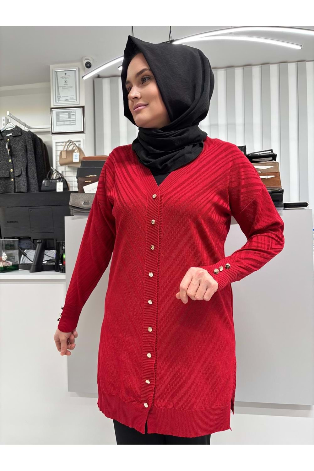 Çapraz Desenli Merserize Hırka 3198 - Kırmızı - TEK BEDEN - AZRA06905-58121