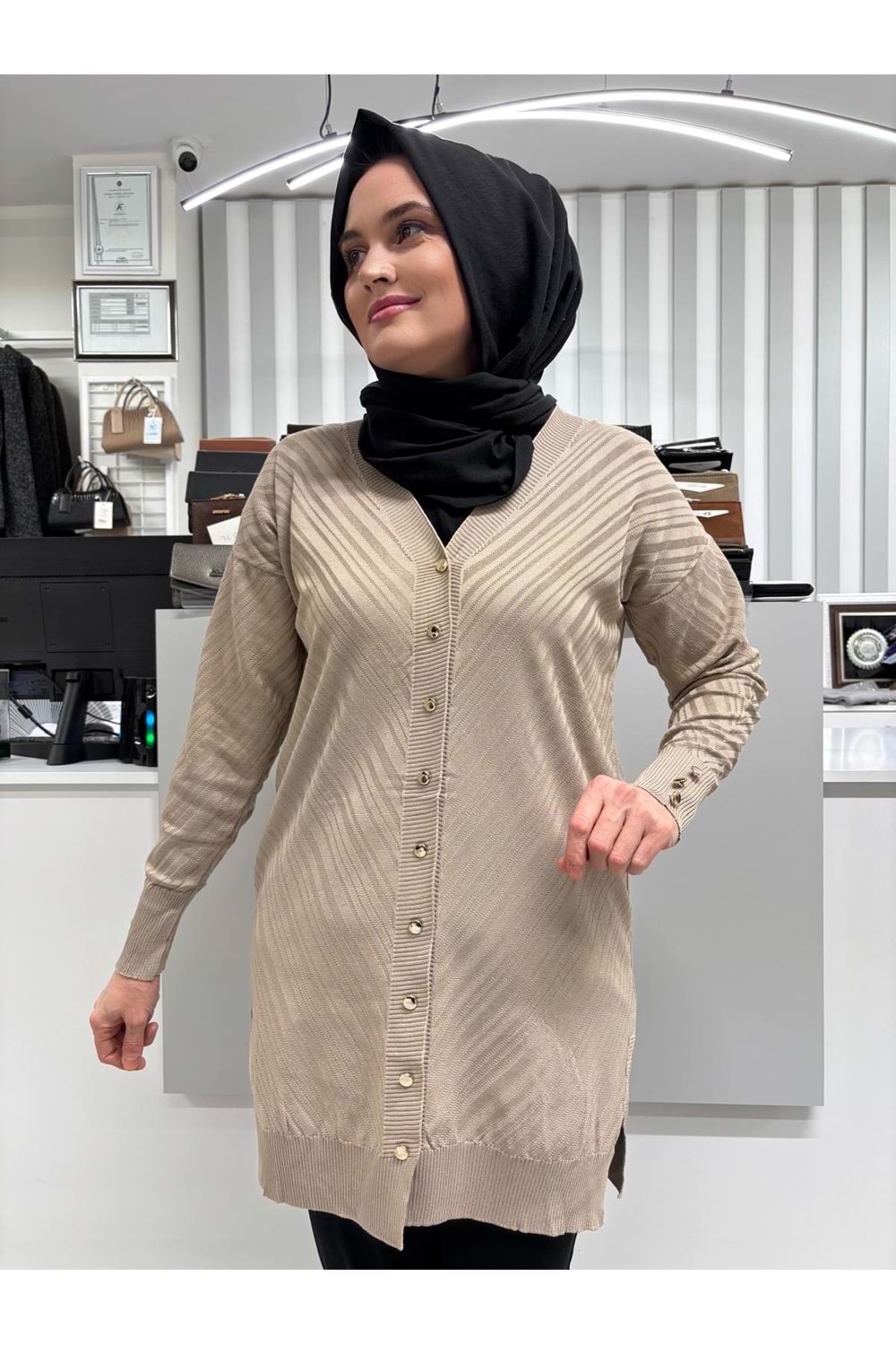 Çapraz Desenli Merserize Hırka 3198 - Vizon - TEK BEDEN - AZRA06905-58123