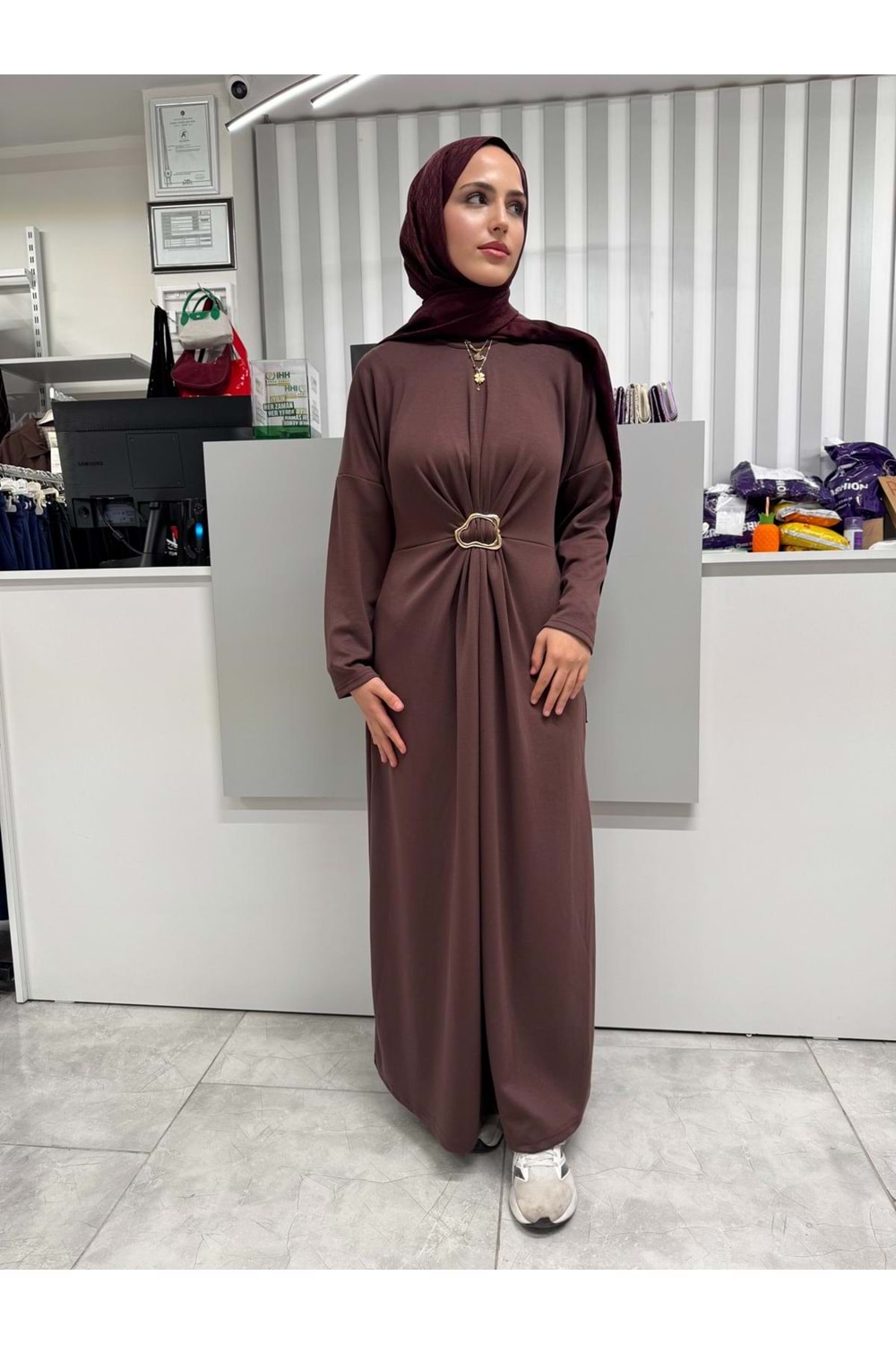 Gold Detaylı Elbise 5253 - Acı Kahve - S-M