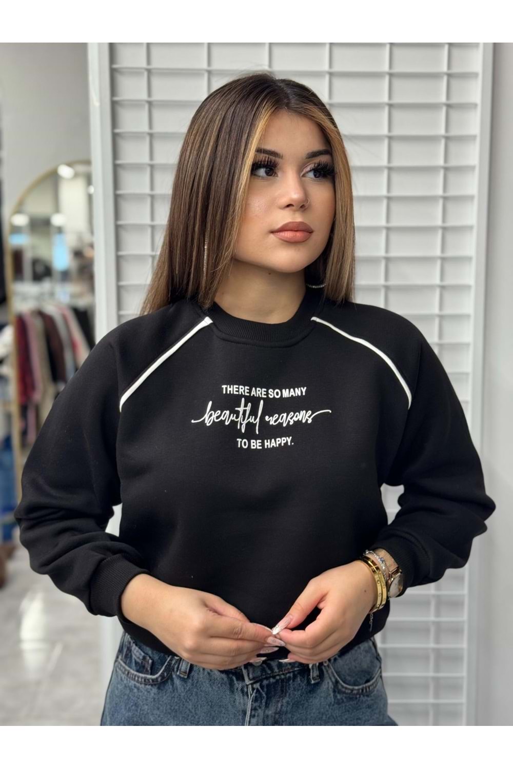 Ön Baskılı Ara Biyeli Sweat - Siyah - S-M