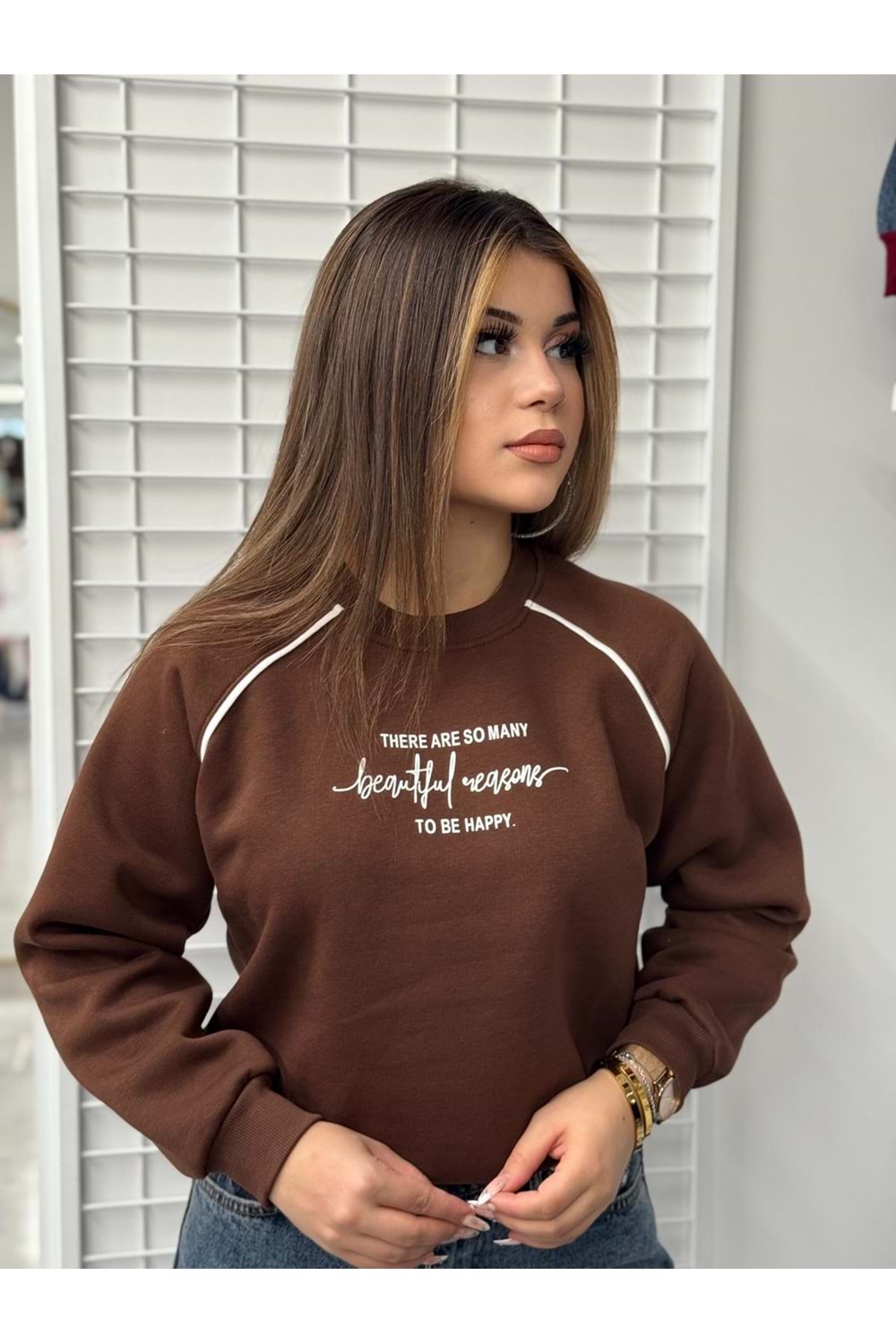 Ön Baskılı Ara Biyeli Sweat - Acı Kahve - L-XL