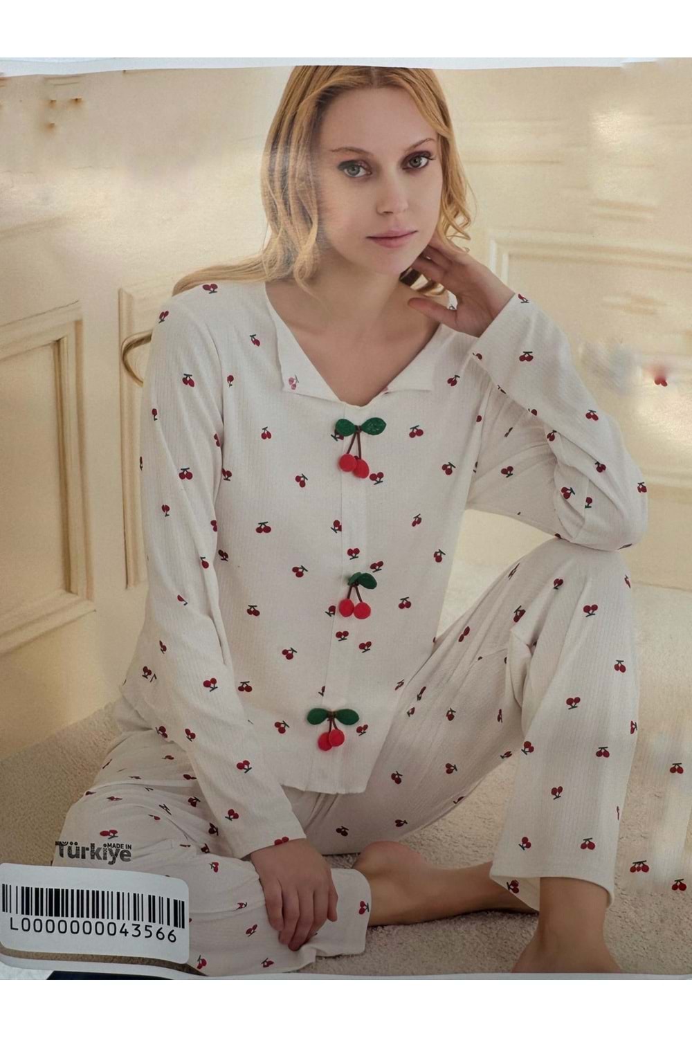 Kirazlı Pijama Takımı 1478 - Ekru - XXL - AZRA06948-55979