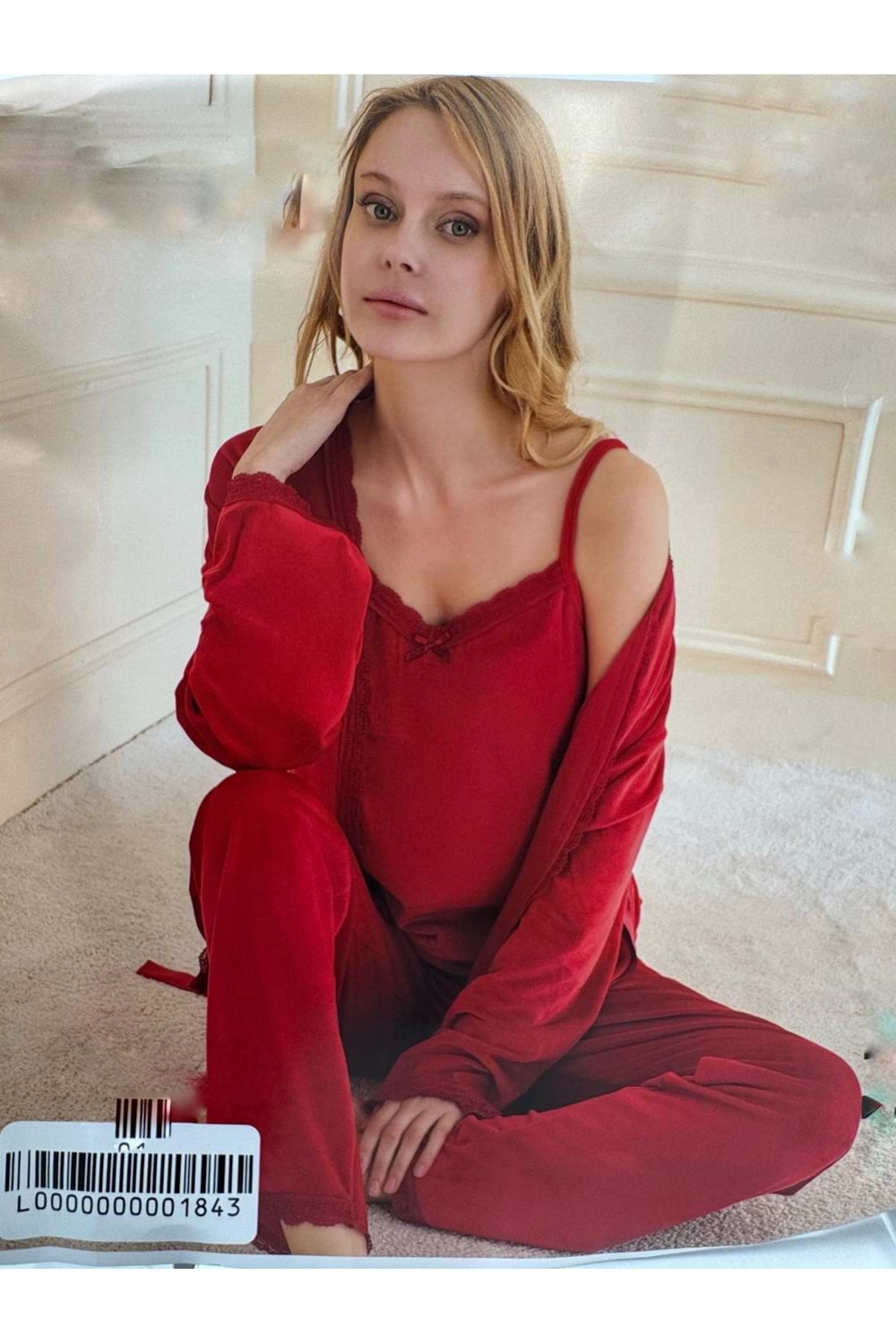 Kadife Kumaş Pijama Takımı 5638 - Kırmızı - L - AZRA06949-55982