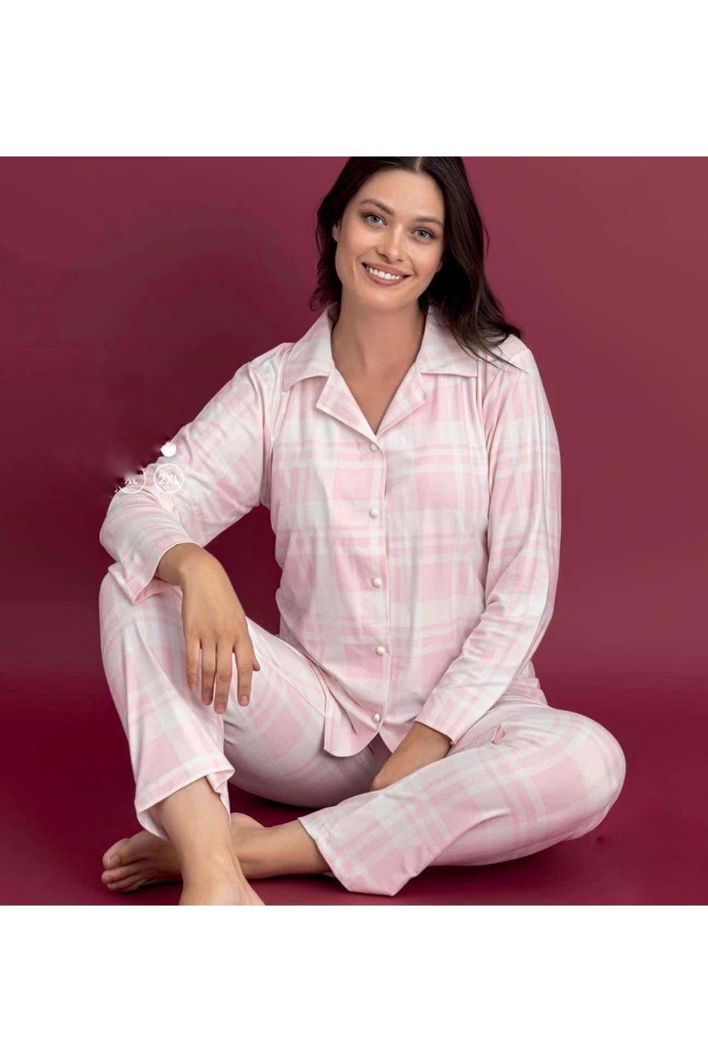 Suet Ekoseli Pijama Takımı 9999 - Pembe - L - AZRA06962-56072
