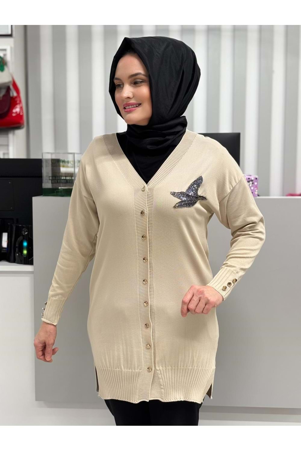Pullu Taşlı Yanı Kuşlu Merserize Hırka 3207 - Bej - TEK BEDEN - AZRA06966-56089