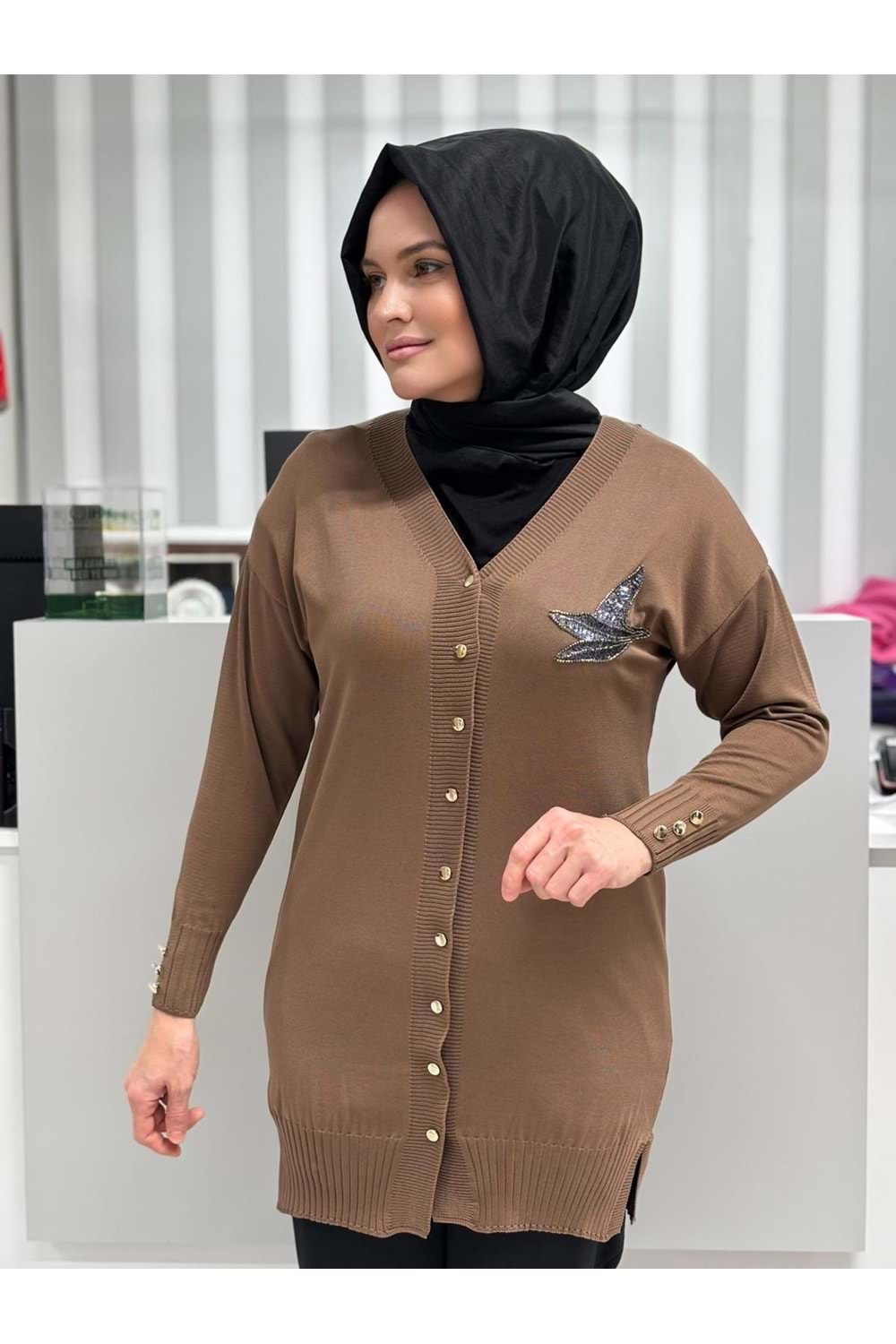 Pullu Taşlı Yanı Kuşlu Merserize Hırka 3207 - Sütlü Kahve - TEK BEDEN - AZRA06966-56094