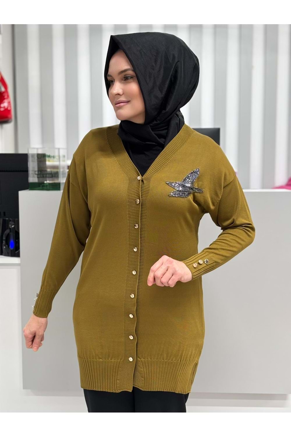 Pullu Taşlı Yanı Kuşlu Merserize Hırka 3207 - Yağ Yeşili - TEK BEDEN - AZRA06966-56095