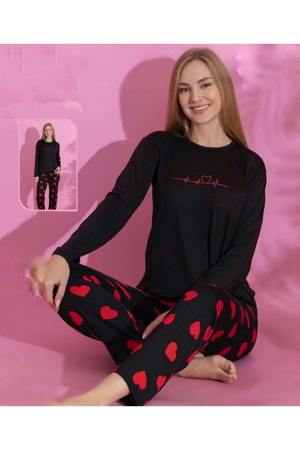 Kalpli Ritim Baskılı Pijama Takım 66439 - Siyah - S-M - AZRA06982-56186