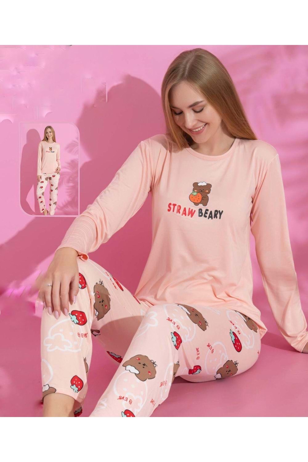 Strawberry Ayıcıklı Pijama Takımı 66437 - Toz Pembe - S-M - AZRA06985-56201