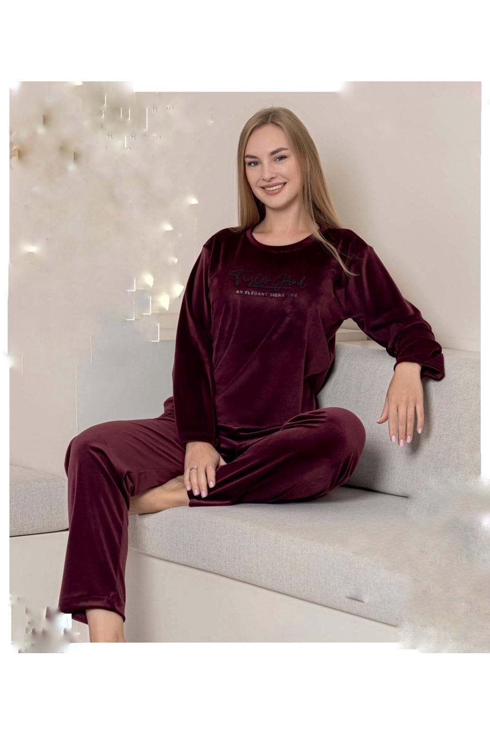 Yazı Baskılı Kadife Pijama Takımı 1827 - Bordo - L - AZRA06991-56225