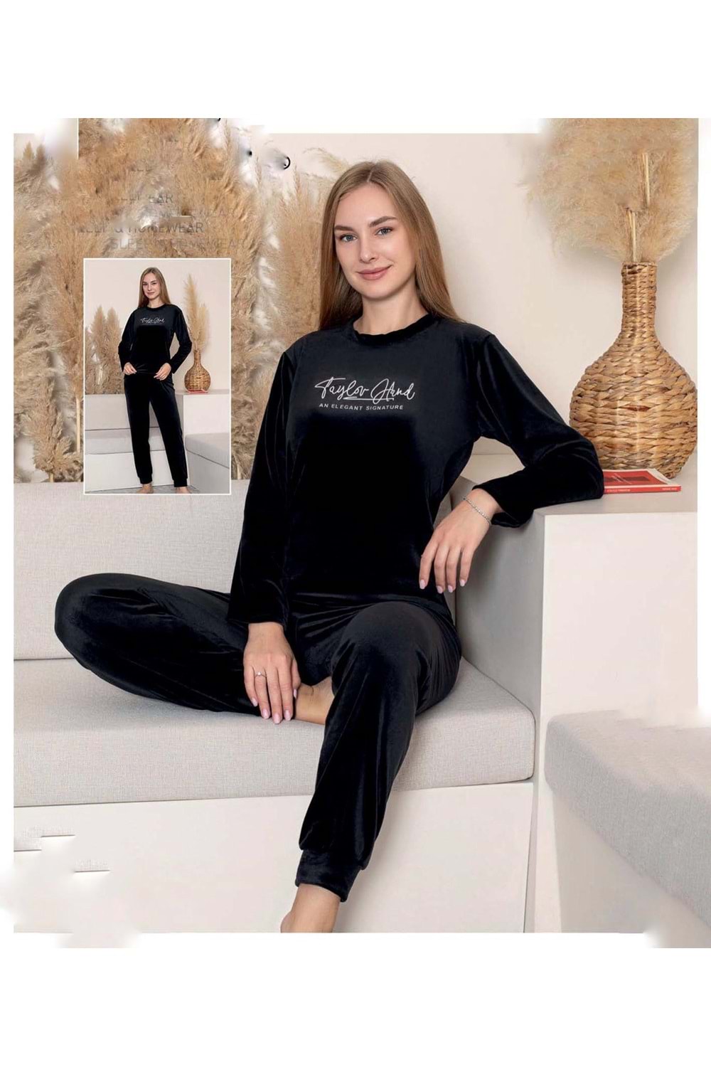Yazı Baskılı Kadife Pijama Takımı 1827 - Siyah - L - AZRA06991-56229