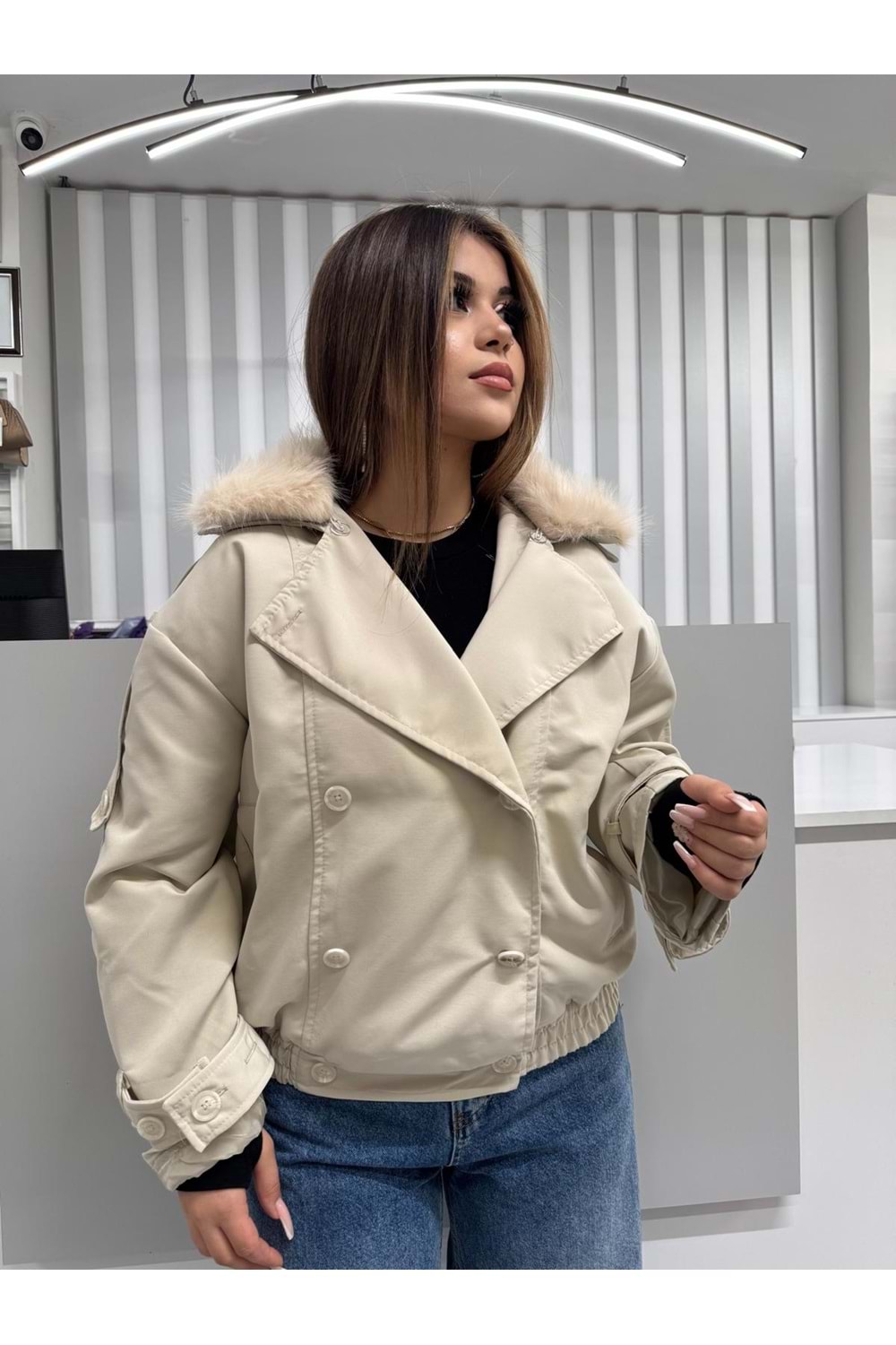 Estonya Kürklü Ceket 2052 - Bej - 40