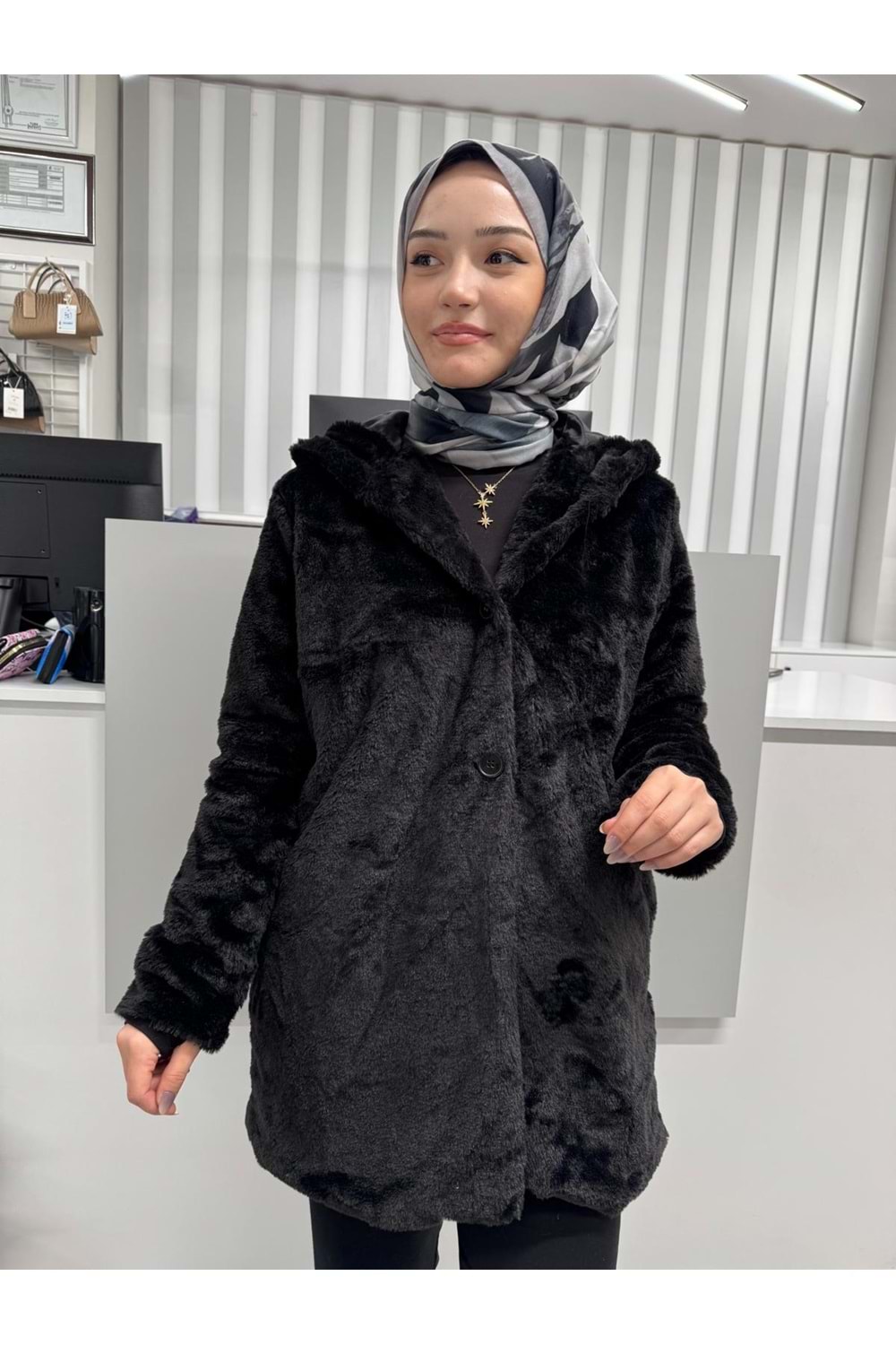 Kapşonlu Uzun Pelüş Kürk 2166 - Siyah - 36