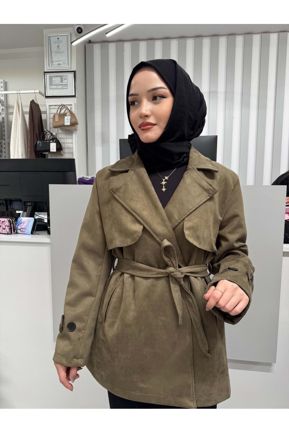 Rüzgarlık Detay Ara Boy Skuba Süet Trenc 2786 - Haki - 40