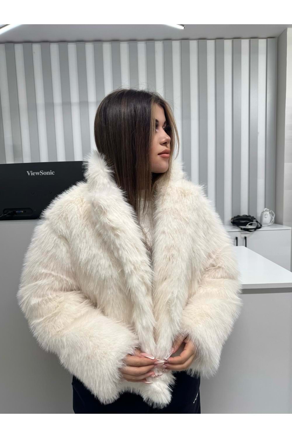 Düğmeli Kürk 99003 - Ekru - XL