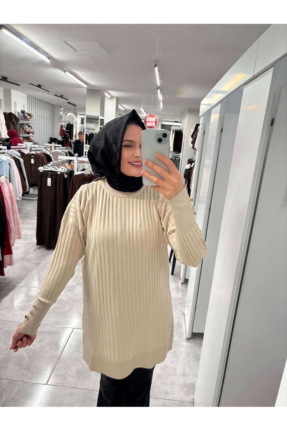 İnce Çizgili Merserize Tunik 3170 - Bej - TEK BEDEN