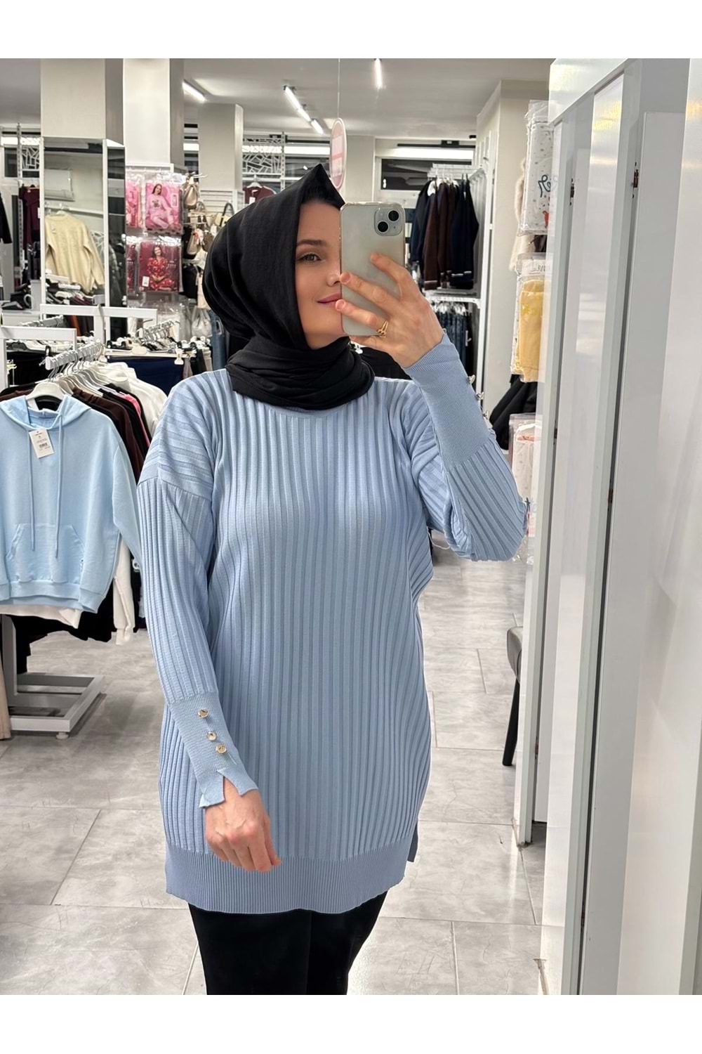 İnce Çizgili Merserize Tunik 3170 - Bebe Mavisi - TEK BEDEN - AZRA07022-58116