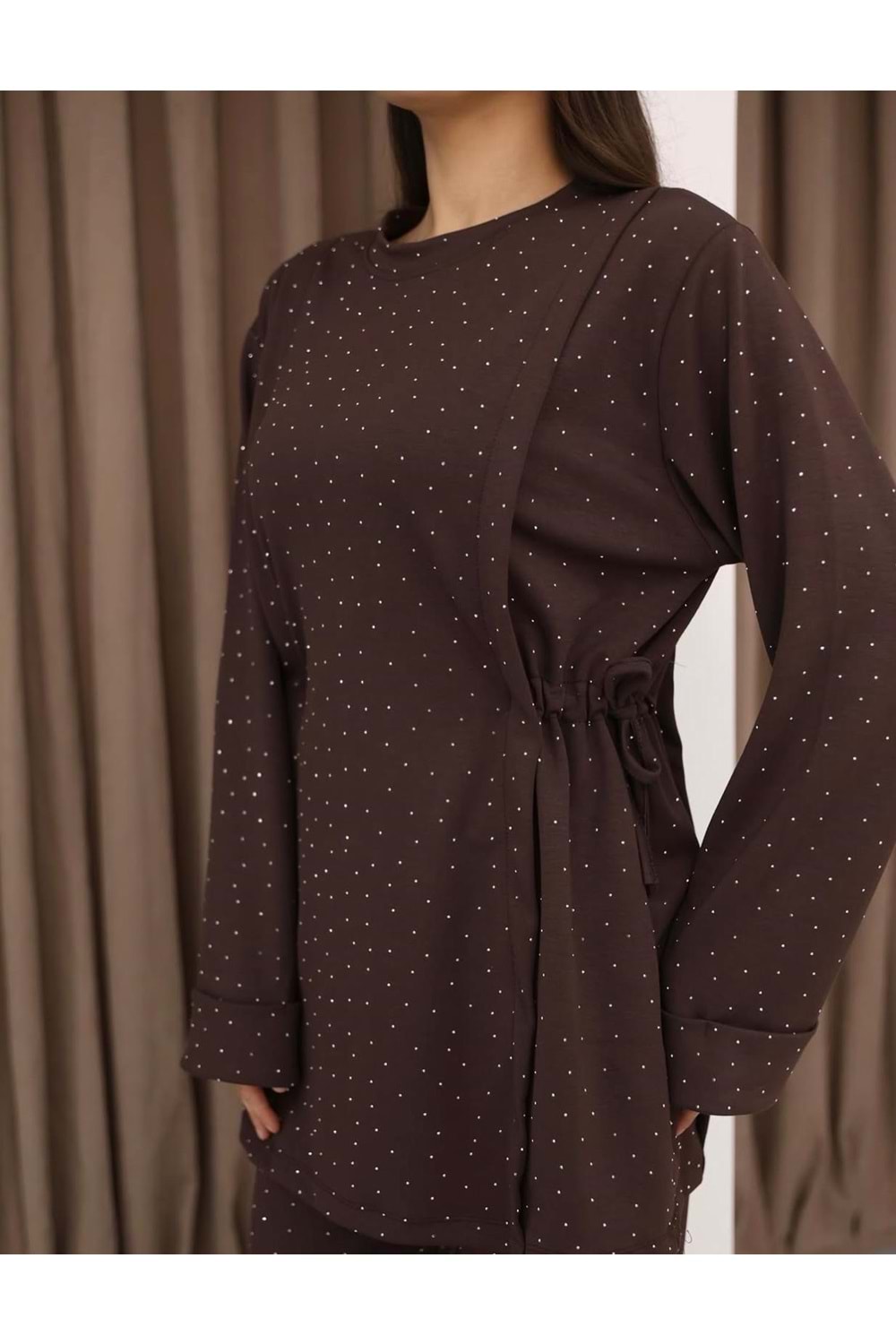 Oyşo Kumaş Yanları Büzgülü Taşlı Takım 26215 - Kahve Rengi - S