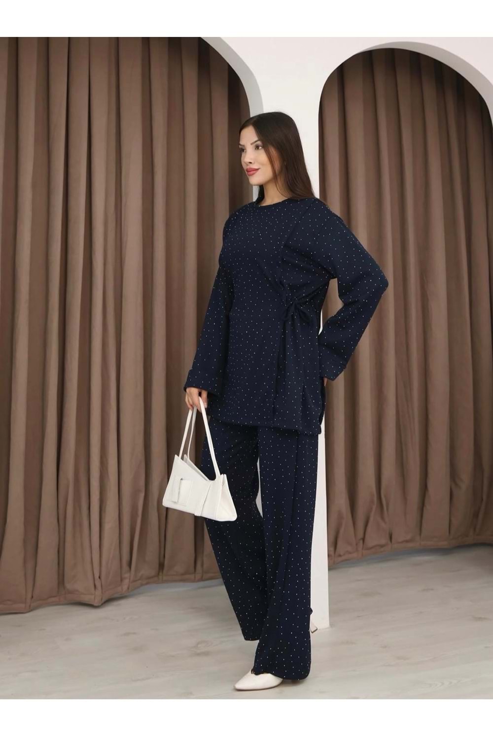 Oyşo Kumaş Yanları Büzgülü Taşlı Takım 26215 - Lacivert - XL