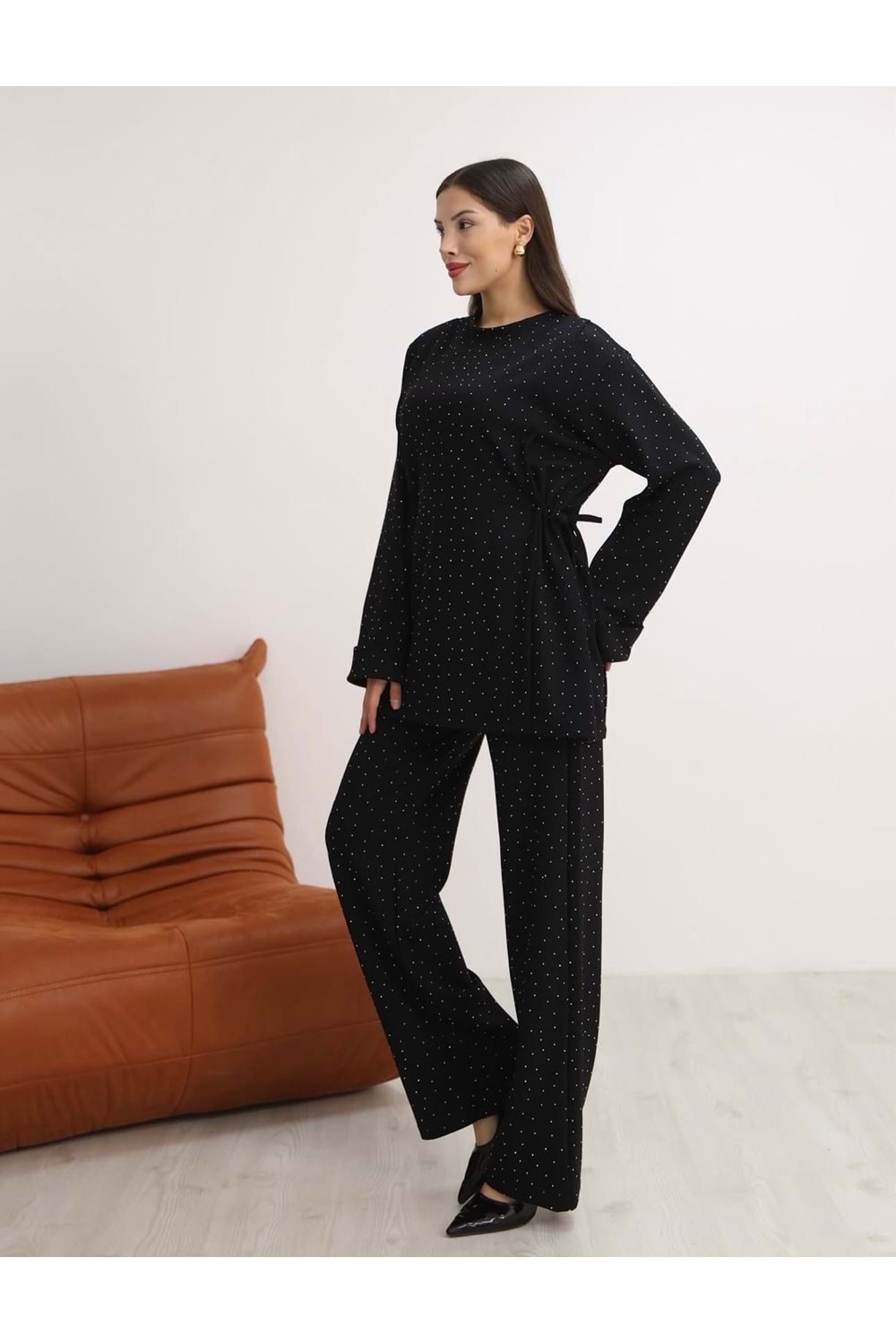 Oyşo Kumaş Yanları Büzgülü Taşlı Takım 26215 - Siyah - M