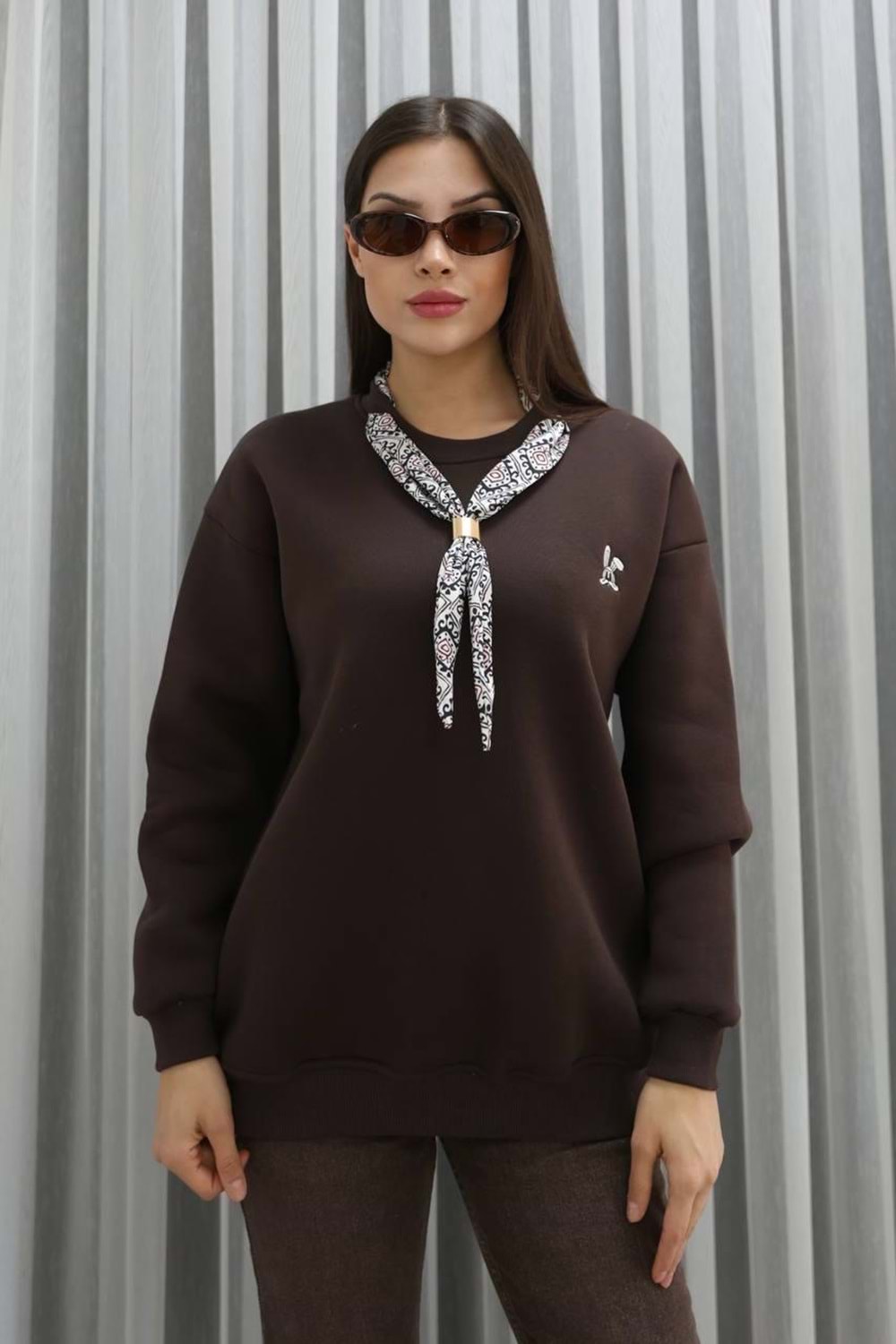 Fermuarlı 3 İplik Sweat shırt 26216 - Kahve Rengi - M