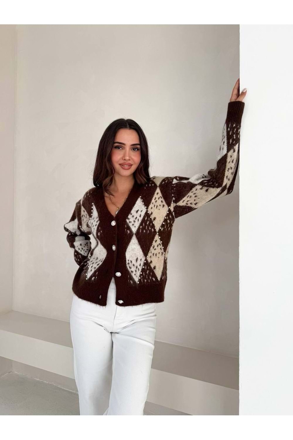 Baklava Desen Hırka 2331 - Acı Kahve - TEK BEDEN