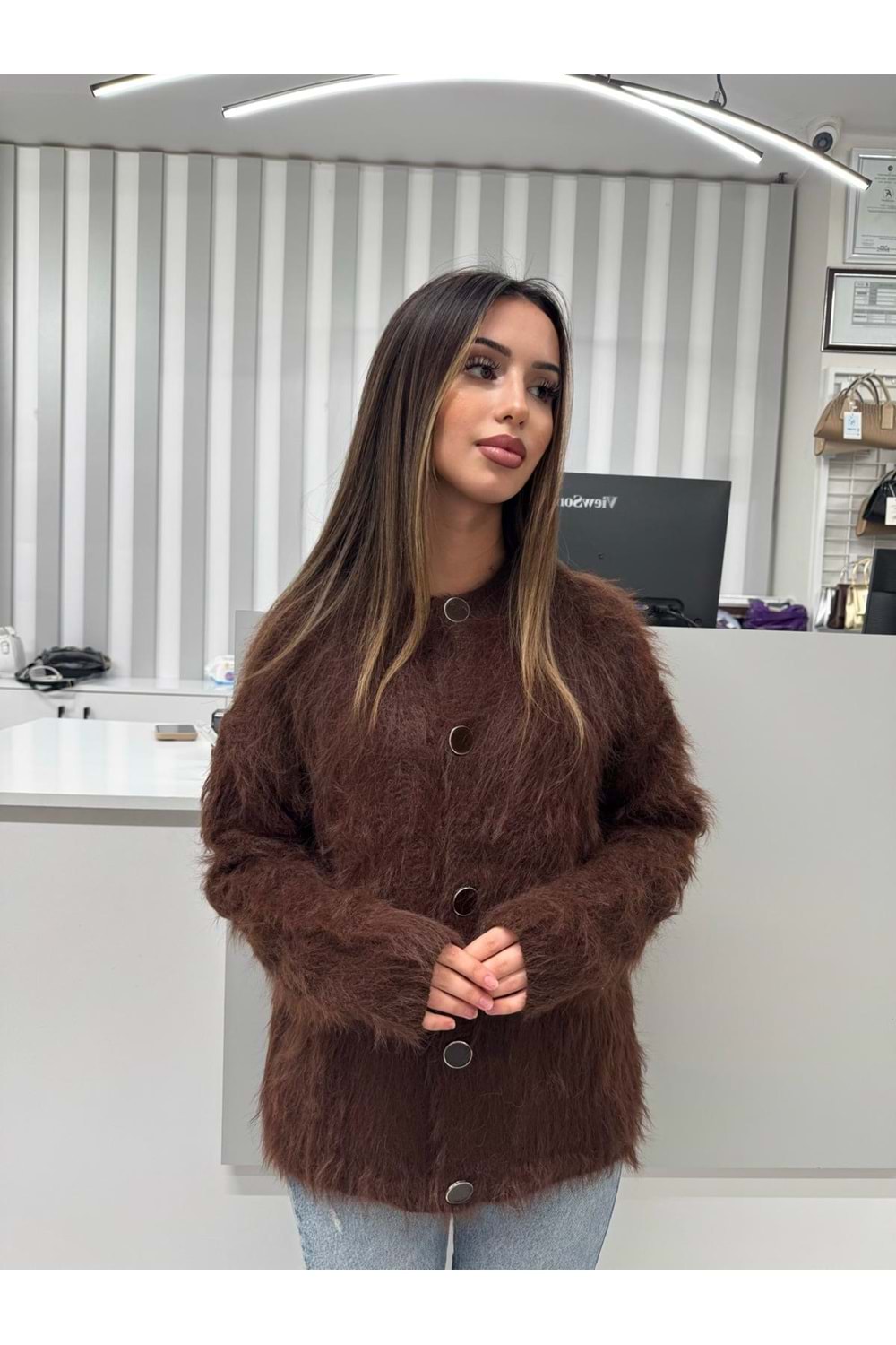 Düğmeli Yün Hırka 1414 - Acı Kahve - TEK BEDEN - AZRA07062-56672