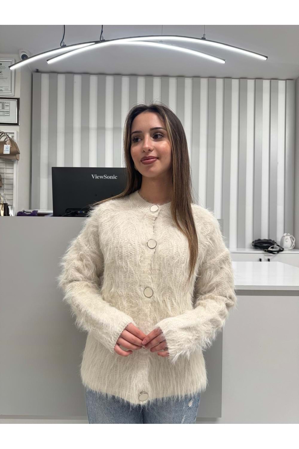 Düğmeli Yün Hırka 1414 - Bej - TEK BEDEN - AZRA07062-56673