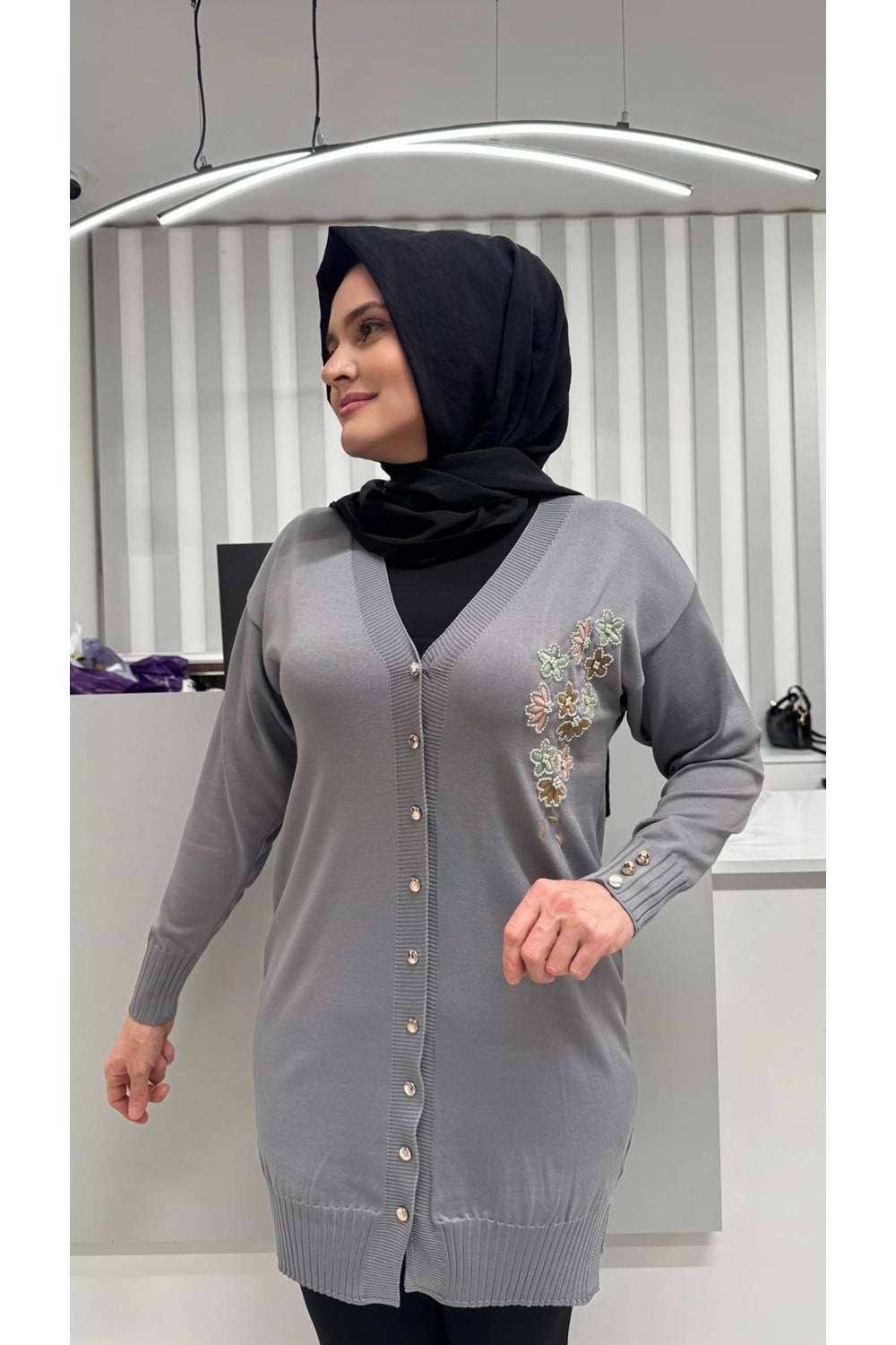 Taşlı Çiçek Desenli Merserize Hırka 3280 - Gri - TEK BEDEN - AZRA07082-56786