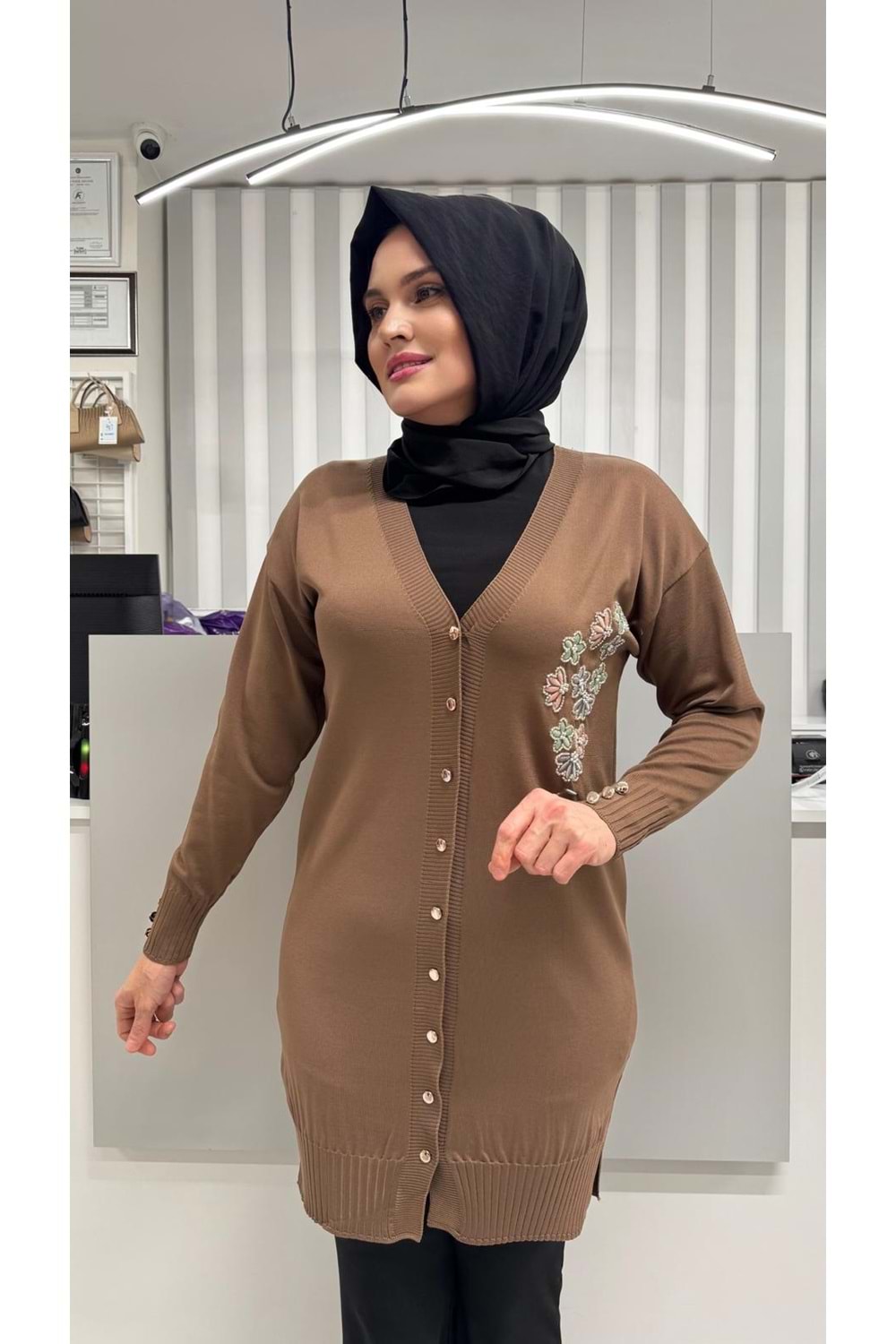 Taşlı Çiçek Desenli Merserize Hırka 3280 - Kahve Rengi - TEK BEDEN - AZRA07082-56787