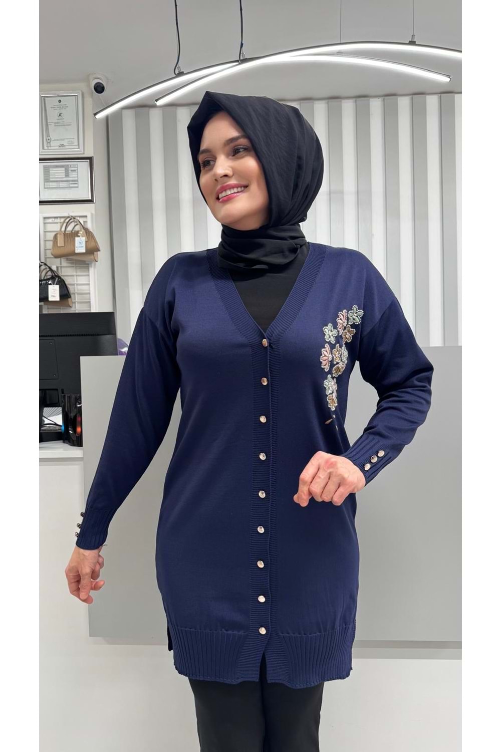 Taşlı Çiçek Desenli Merserize Hırka 3280 - Lacivert - TEK BEDEN - AZRA07082-56788