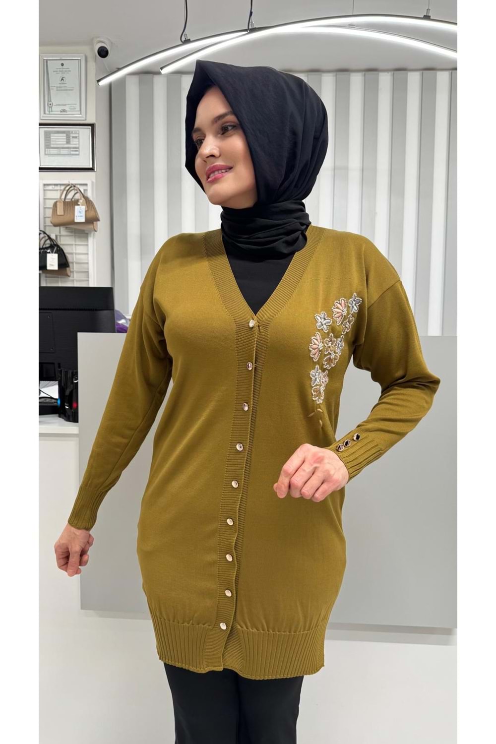 Taşlı Çiçek Desenli Merserize Hırka 3280 - Yağ Yeşili - TEK BEDEN - AZRA07082-56791