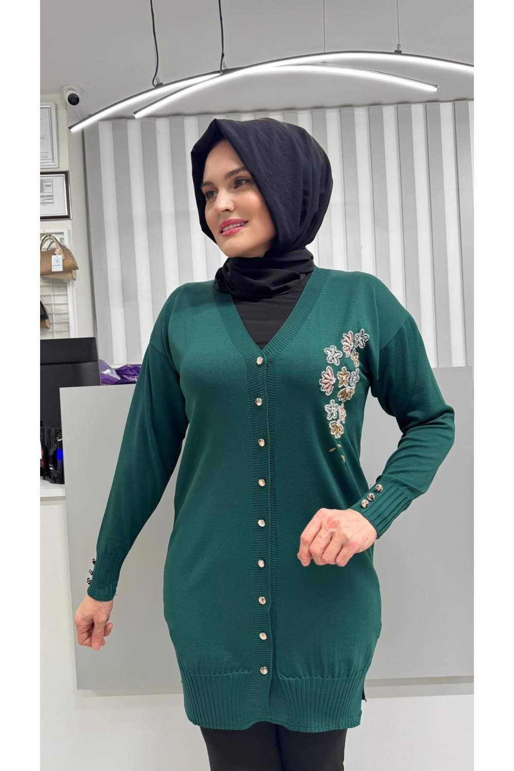 Taşlı Çiçek Desenli Merserize Hırka 3280 - Zümrüt Yeşili - TEK BEDEN - AZRA07082-56792